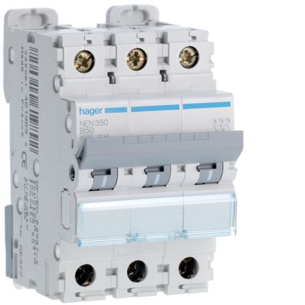 Hager Hager NEN Circuit Breaker, 3P, 50A Curve B, 400V AC, 10 kA Breaking Capacity [NEN350]; 599-906
