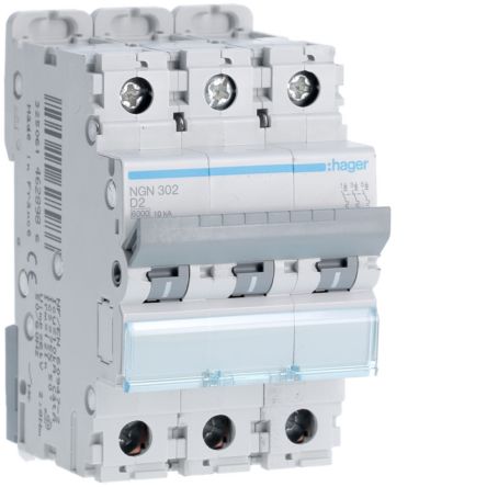 Hager Hager NGN Circuit Breaker, 3P, 2A Curve D, 400V AC, 10 kA Breaking Capacity [NGN302]; 599-908