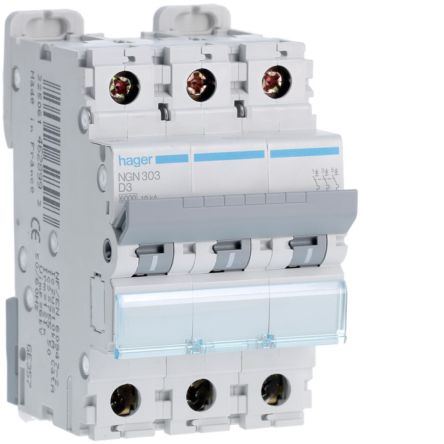 Hager Hager NGN Circuit Breaker, 3P, 3A Curve D, 400V AC, 10 kA Breaking Capacity [NGN303]; 599-909
