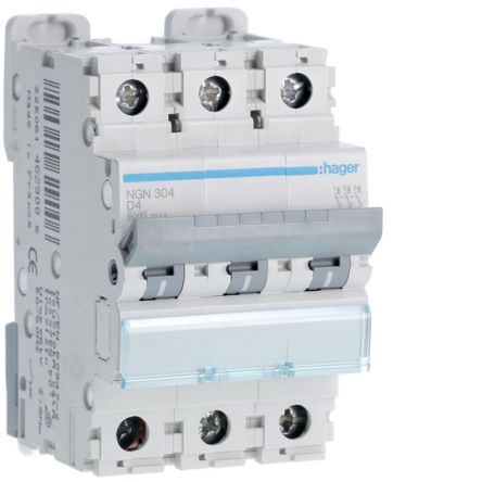 Hager Hager NGN Circuit Breaker, 3P, 4A Curve D, 400V AC, 10 kA Breaking Capacity [NGN304]; 599-911