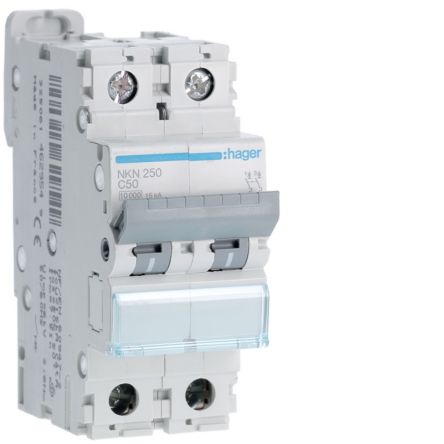 Hager Hager NKN Circuit Breaker, 2P, 50A Curve C, 400V AC, 15 kA Breaking Capacity [NKN250]; 599-912