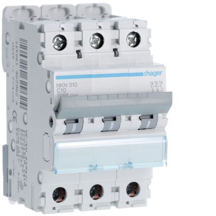 Hager Hager NKN Circuit Breaker, 3P, 10A Curve C, 400V AC, 15 kA Breaking Capacity [NKN310]; 599-913