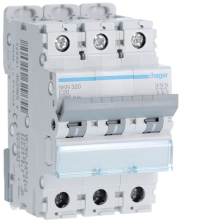 Hager Hager NKN Circuit Breaker, 3P, 20A Curve C, 400V AC, 15 kA Breaking Capacity [NKN320]; 599-914