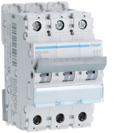 Hager Hager NKN Circuit Breaker, 3P, 25A Curve C, 400V AC, 15 kA Breaking Capacity [NKN325]; 599-915
