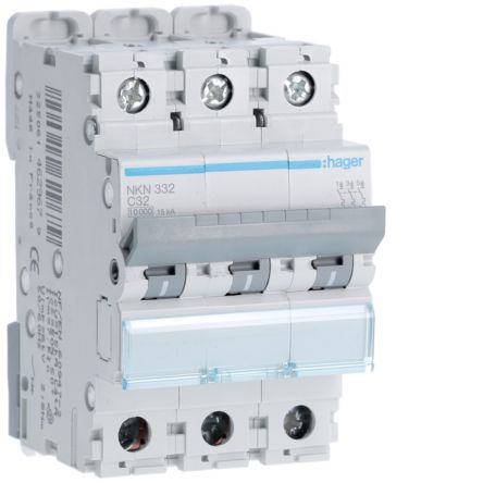 Hager Hager NKN Circuit Breaker, 3P, 32A Curve C, 400V AC, 15 kA Breaking Capacity [NKN332]; 599-916