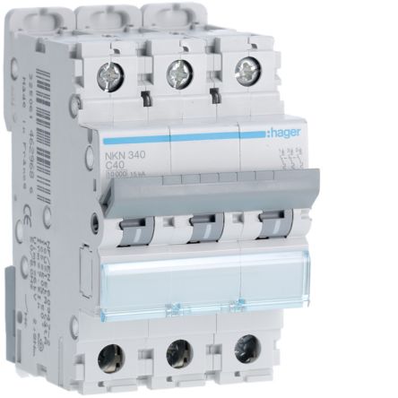 Hager Hager NKN Circuit Breaker, 3P, 40A Curve C, 400V AC, 15 kA Breaking Capacity [NKN340]; 599-917