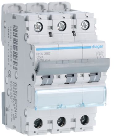Hager Hager NKN Circuit Breaker, 3P, 50A Curve C, 400V AC, 15 kA Breaking Capacity [NKN350]; 599-918