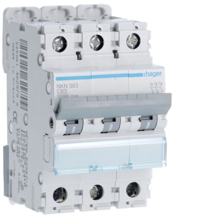 Hager Hager NKN Circuit Breaker, 3P, 63A Curve C, 400V AC, 15 kA Breaking Capacity [NKN363]; 599-919