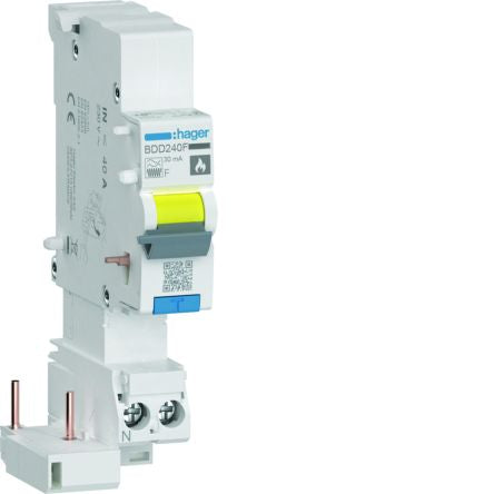 Hager BDD RCCB, 40A, 1P+N Pole, 30mA, Type F [BDD240F]; 602-045