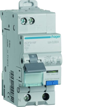 Hager RCBO, 16A Current Rating, 1P+N Poles, 30mA Trip Sensitivity, Type F [ADF916F]; 602-091