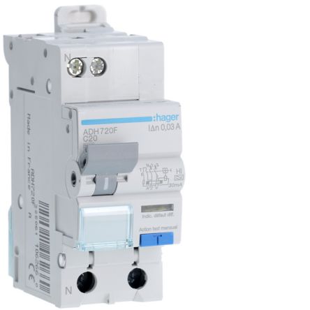 Hager RCBO, 20A Current Rating, 1P+N Poles, 30mA Trip Sensitivity, Type A [ADH720F]; 602-093