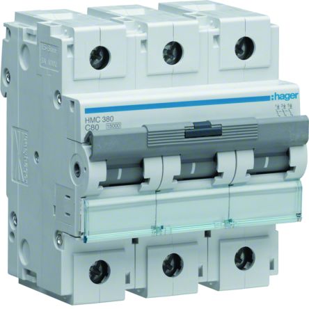 Hager HMC MCB, 3P, 80A, 400V AC, 15 Breaking Capacity [HMC380]; 602-113