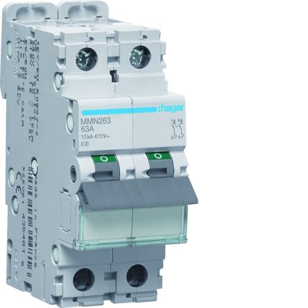 Hager MMN MCB, 2P, 63A, 400V AC, 15 kA Breaking Capacity [MMN263]; 602-124