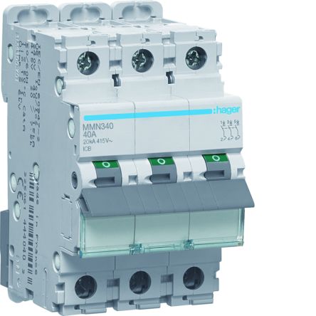 Hager MMN MCB, 3P, 40A, 400V AC, 20 kA Breaking Capacity [MMN340]; 602-132
