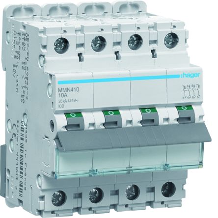 Hager MMN MCB, 4P, 10A, 400V AC, 25 kA Breaking Capacity [MMN410]; 602-136