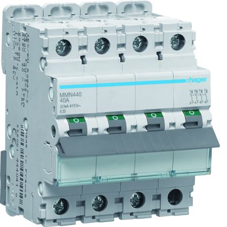 Hager MMN MCB, 4P, 40A, 400V AC, 20 kA Breaking Capacity [MMN440]; 602-138