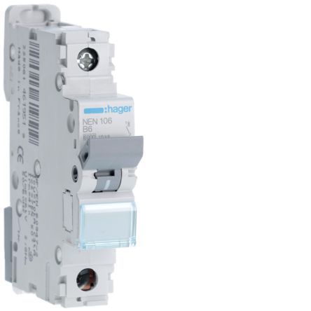 Hager NEN MCB, 1P, 6A, 230V AC, 10 kA Breaking Capacity [NEN106]; 602-147