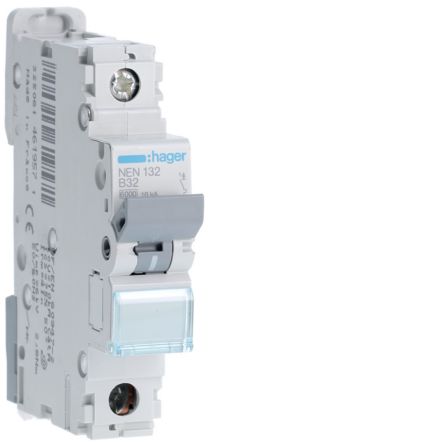 Hager NEN MCB, 1P, 32A, 230V AC, 10 Breaking Capacity [NEN132]; 602-148