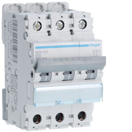 Hager NEN MCB, 3P, 10A, 400V AC, 10 Breaking Capacity [NEN310]; 602-152