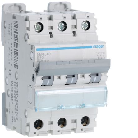 Hager NEN MCB, 3P, 40A, 400V AC, 10 Breaking Capacity [NEN340]; 602-154