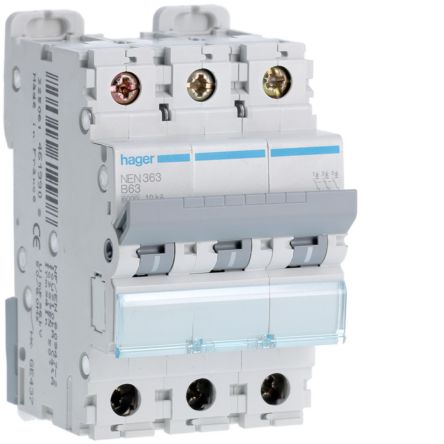 Hager NEN MCB, 3P, 63A, 400V AC, 10 Breaking Capacity [NEN363]; 602-155