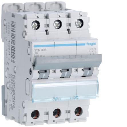 Hager NGN MCB, 3P, 6A, 400V AC, 10 Breaking Capacity [NGN306]; 602-157
