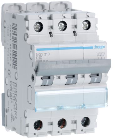 Hager NGN MCB, 3P, 10A, 400V AC, 10 Breaking Capacity [NGN310]; 602-158