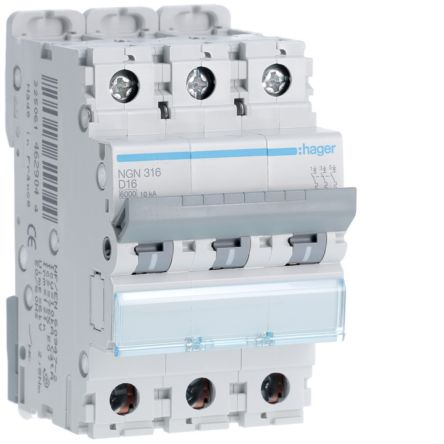 Hager NGN MCB, 3P, 16A, 400V AC, 10 Breaking Capacity [NGN316]; 602-159