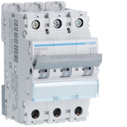 Hager NGN MCB, 3P, 20A, 400V AC, 10 Breaking Capacity [NGN320]; 602-160