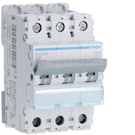 Hager NGN MCB, 3P, 32A, 400V AC, 10 Breaking Capacity [NGN332]; 602-162