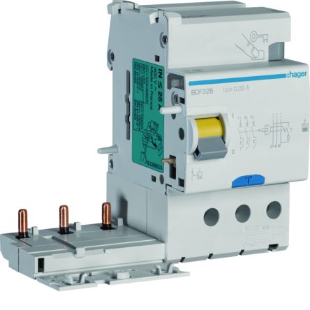 Hager BDF RCCB, 25A, 3 Pole, 30mA, Type F [BDF325]; 602-169