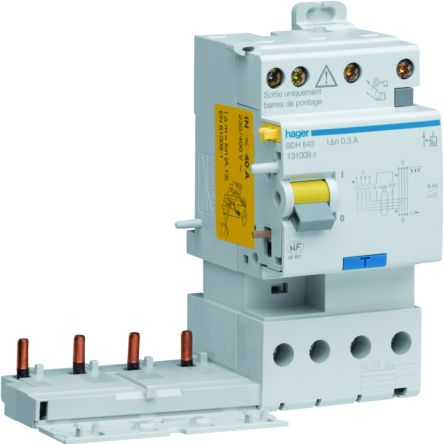 Hager BDH RCCB, 40A, 4 Pole, 30mA, Type A [BDH840]; 602-179