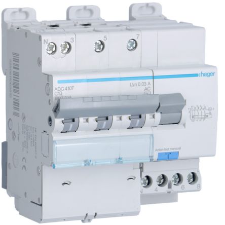 Hager RCBO, 10A Current Rating, 3P+N Poles, 30mA Trip Sensitivity, Type AC [ADC410F]; 602-201
