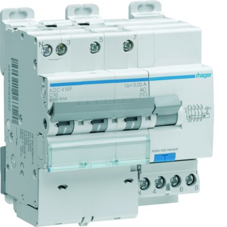 Hager RCBO, 16A Current Rating, 3P+N Poles, 30mA Trip Sensitivity, Type AC [ADC416F]; 602-203