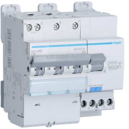Hager RCBO, 16A Current Rating, 3P+N Poles, 300mA Trip Sensitivity, Type AC [AFC416F]; 602-213