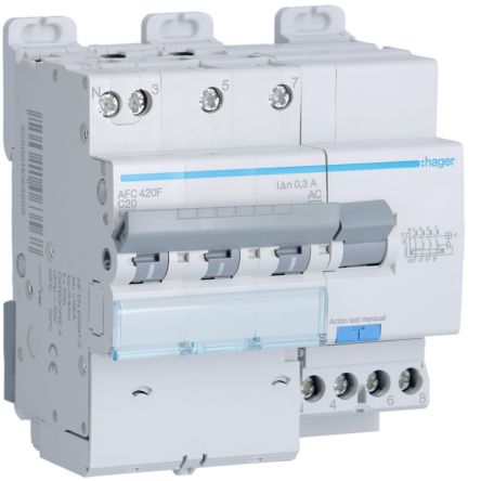 Hager RCBO, 20A Current Rating, 3P+N Poles, 300mA Trip Sensitivity, Type AC [AFC420F]; 602-214