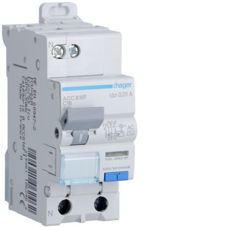 Hager RCBO, 16A Current Rating, 1P+N Poles, 10mA Trip Sensitivity, Type AC [ACC816F]; 602-215