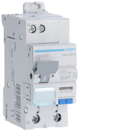 Hager RCBO, 10A Current Rating, 1P+N Poles, 30mA Trip Sensitivity, Type AC [ADC817F]; 602-217