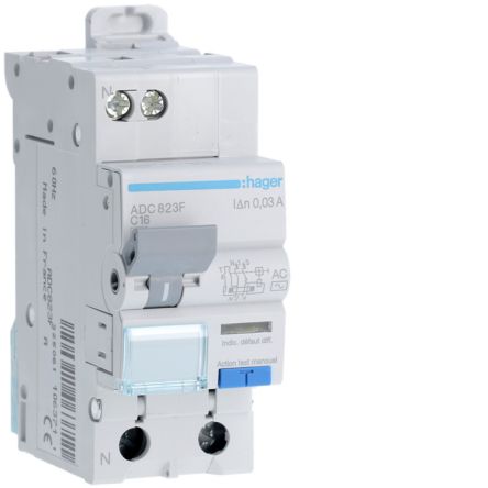 Hager RCBO, 16A Current Rating, 1P+N Poles, 30mA Trip Sensitivity, Type AC [ADC823F]; 602-219