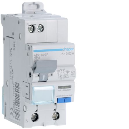 Hager RCBO, 20A Current Rating, 1P+N Poles, 30mA Trip Sensitivity, Type AC [ADC827F]; 602-220