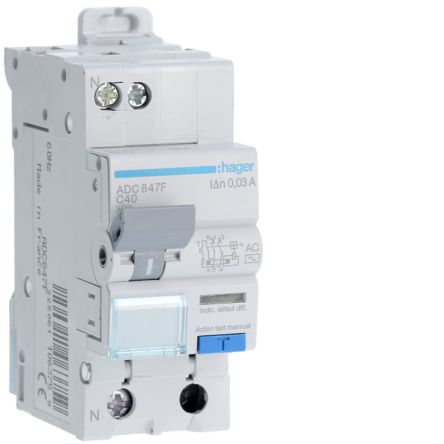 Hager RCBO, 40A Current Rating, 1P+N Poles, 30mA Trip Sensitivity, Type AC [ADC847F]; 602-223