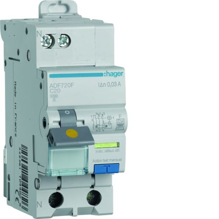 Hager RCBO, 20A Current Rating, 1P+N Poles, 30mA Trip Sensitivity, Type F [ADF720F]; 602-226