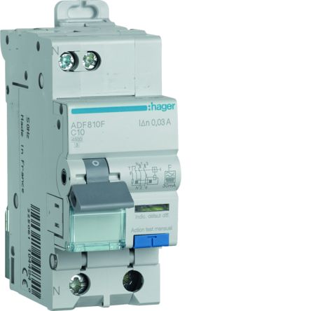 Hager RCBO, 10A Current Rating, 1P+N Poles, 30mA Trip Sensitivity, Type F [ADF810F]; 602-227