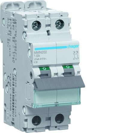 Hager MMN MCB, 2P, 1.6A, 400V AC, 25 kA Breaking Capacity [MMN202]; 602-259