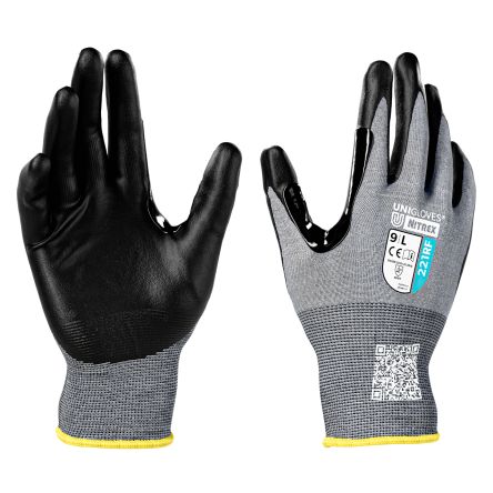 Unigloves Nitrex 244F Black/Grey HPPE, Nylon, Spandex, Tungsten Cut Resistant Work Gloves, Size L, Foam Nitrile Coating [221RF-09]; 611-239