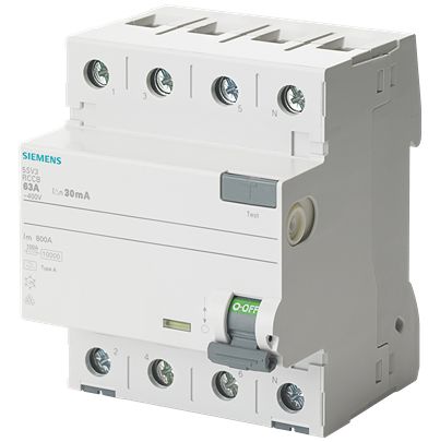 Siemens 5SV RCCB, 63A, 4 Pole, 500mA, Type A, 400V [5SV3746-6GV01]; 626-979