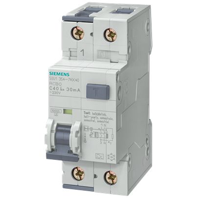 Siemens RCBO, 6A Current Rating, 2P Poles, 30mA Trip Sensitivity, Type B, SENTRON Range [5SU1354-6GV06]; 627-034