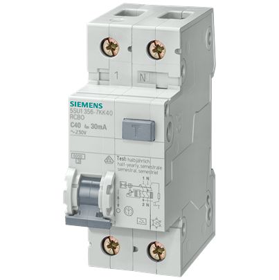 Siemens RCBO, 6A Current Rating, 2P Poles, 30mA Trip Sensitivity, Type B, SENTRON Range [5SU1356-6GV06]; 627-117