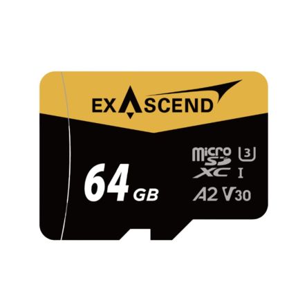 Exascend 64 GB MicroSDXC Micro SD Card, A2, Class 10, UHS-1 (U3), V30 [EX64GUSDU1]; 630-111
