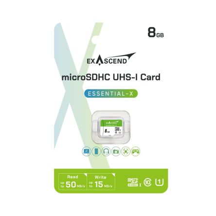 Exascend 8 GB MicroSDHC Micro SD Card, Class 10, UHS-1 (U1) [ES008GTFC1MP]; 630-129